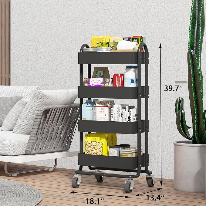4-Tier Metal Rolling Cart with Wheels, 4 Tier Utility Cart with Wheels - Image 2