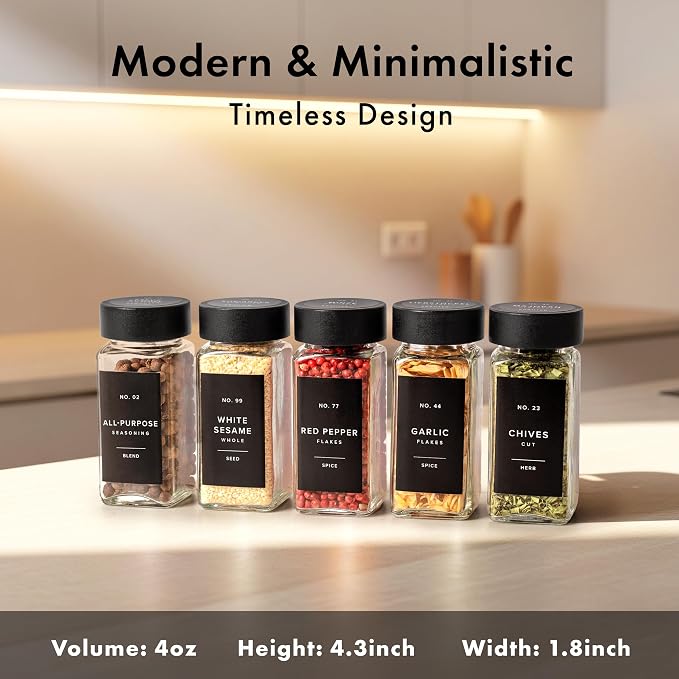 Square Spice Jars with Black Bamboo Wooden Lid Spice Jars with Shaker Insert - Image 2