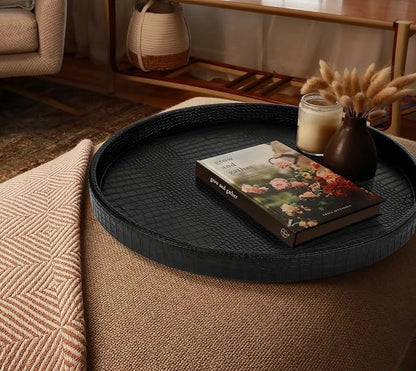 HofferRuffer Round Serving Tray 20'', Elegant Faux Leather Circle Ottoman Table - Image 5