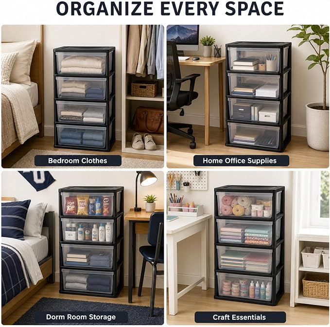 Wide 4 Drawer Plastic Storage Tower Organizer, | Tool-Free Assembly Floor - Image 7