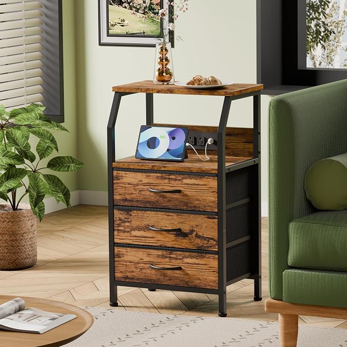 Furnulem Night Stand with Charging Station, 3 Fabric Drawers Bedside Table | - Image 4