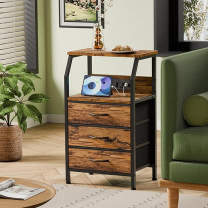Furnulem Night Stand with Charging Station, 3 Fabric Drawers Bedside Table | - Image 4