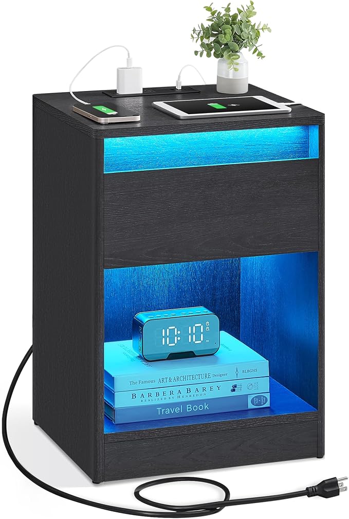 VASAGLE LED Nightstand with Charging Station, Adjustable Light Colors, 2 AC by Unknown