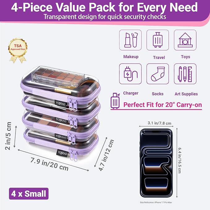 YQBRAO 4-Pack Clear Hard Shell Zipper Case, 1.2mm Ultra-Thick Diaper Bag - Image 4
