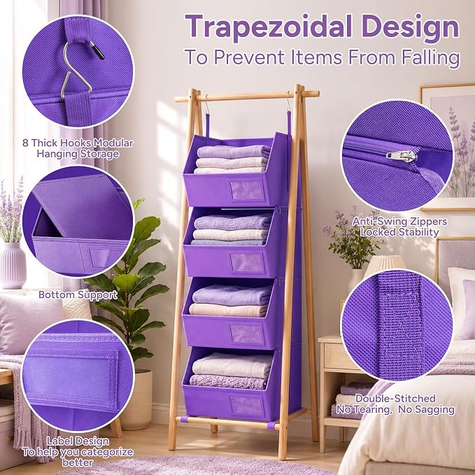 4-Tier Hanging Closet Organizer, Detachable Hanging Storage Shelves - Image 4