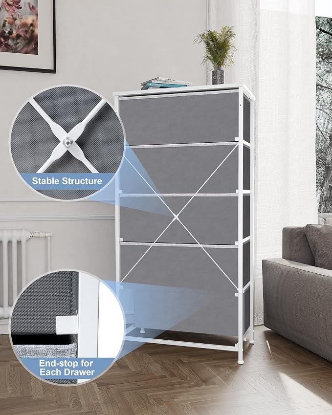 Tall Dresser, Wide Vertical Fabric Storage Organizer, 5 Drawer | Sturdy Steel - Image 7