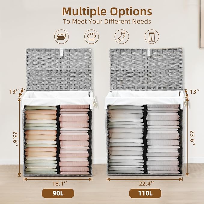 Woven Laundry Basket with Lid, Large Hamper with Removable and Machine-Washable - Image 7