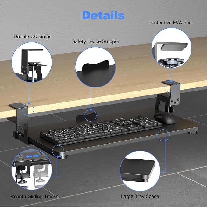 Keyboard Tray Under Desk Large C-Clamp 25.6” x 11.8” Slide-Out Platform - Image 4