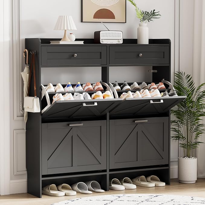 Shoe Cabinet with 4 Flip Drawers & 2 Top Drawers, Hidden Slim Shoe Rack by Xixini