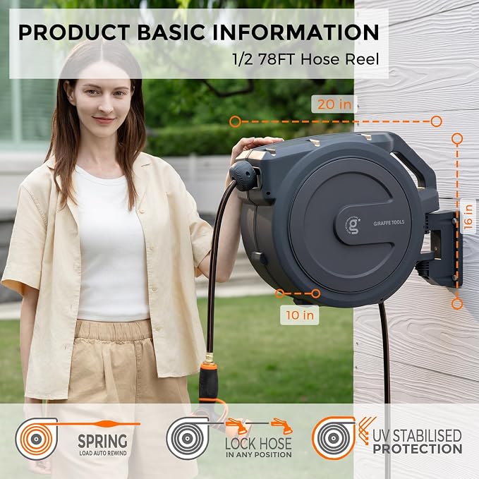 Giraffe Tools Hose Reel 1/2‘’ 78 ft, Heavy Duty Retractable Garden Hose Reel - Image 4