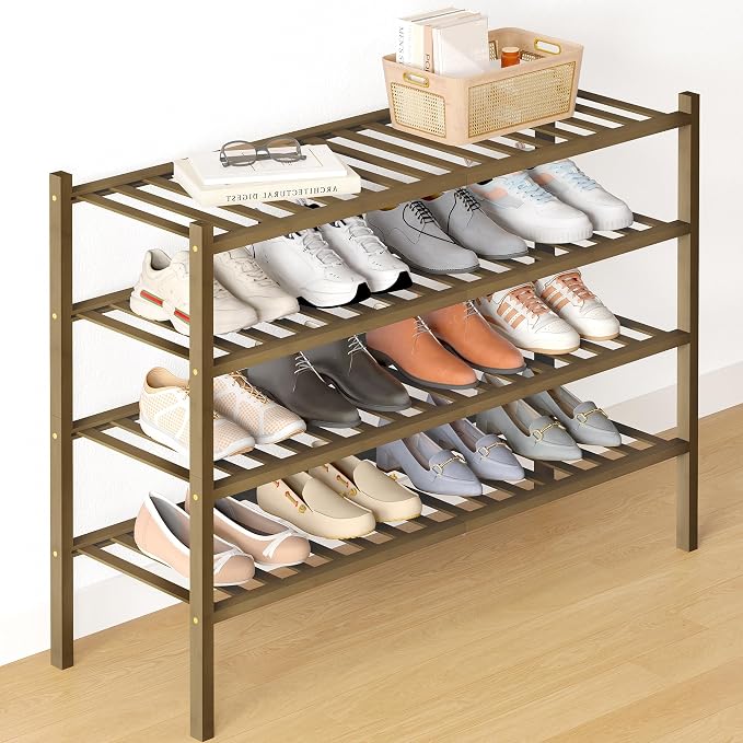 Smiry Bamboo Shoe Rack for Closet, 4 Tier Long Wooden Stackable Shoe Organizer by Smiry