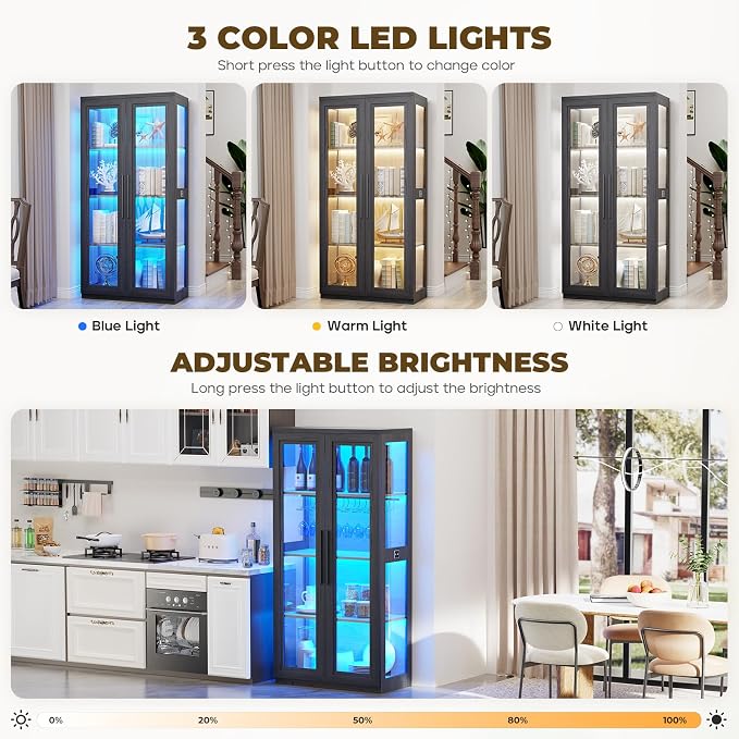 Curio Cabinet with Glass Doors, Bookcase with 4 Shelves, Display Cabinets - Image 5