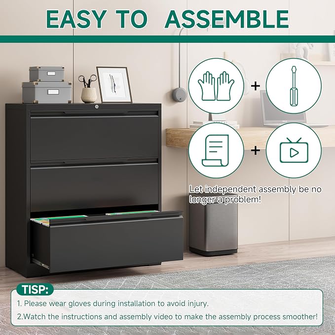 Filing Cabinet with Lock, Lateral File Cabinets 3 Drawer Metal Wide Filing - Image 4