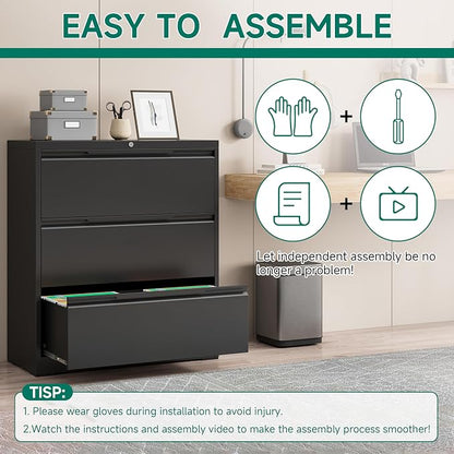Filing Cabinet with Lock, Lateral File Cabinets 3 Drawer Metal Wide Filing - Image 4