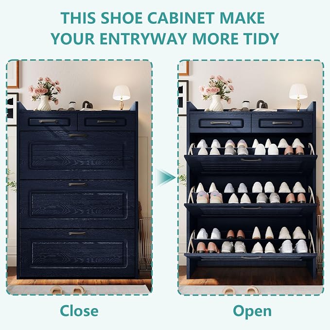Shoe Cabinet with 3 Large Flip Drawers and 2 Storage Drawers, Narrow Shoe - Image 6