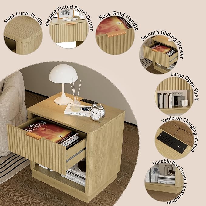 Fluted Nightstand with Charging Station Modern Bedside Table with Drawer and - Image 8