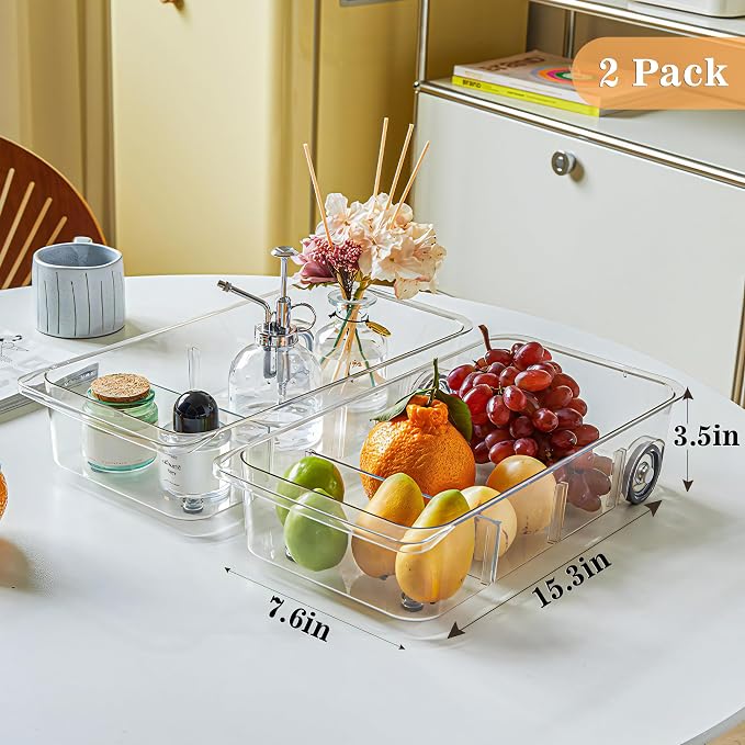 MANO 2 Pack Divided Rolling Refrigerator Tray Clear Roll Out Fridge Caddy - Image 4
