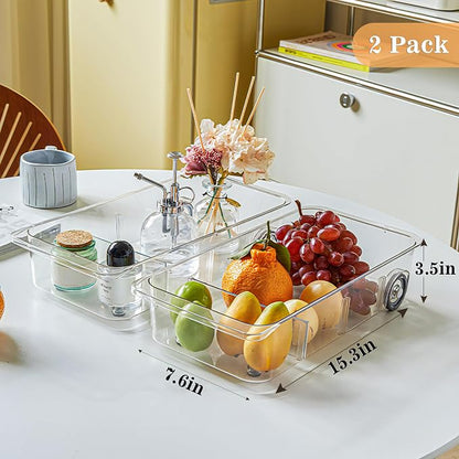 MANO 2 Pack Divided Rolling Refrigerator Tray Clear Roll Out Fridge Caddy - Image 4
