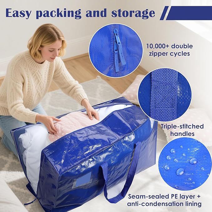 6 Pack Moving Bags with Full-Open Side Zipper, Extra Large 93L Heavy Duty - Image 3