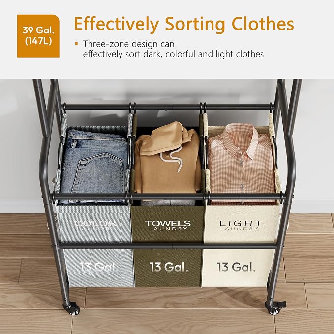 Laundry Sorter 3 Section, Laundry Hamper Cart - Image 5