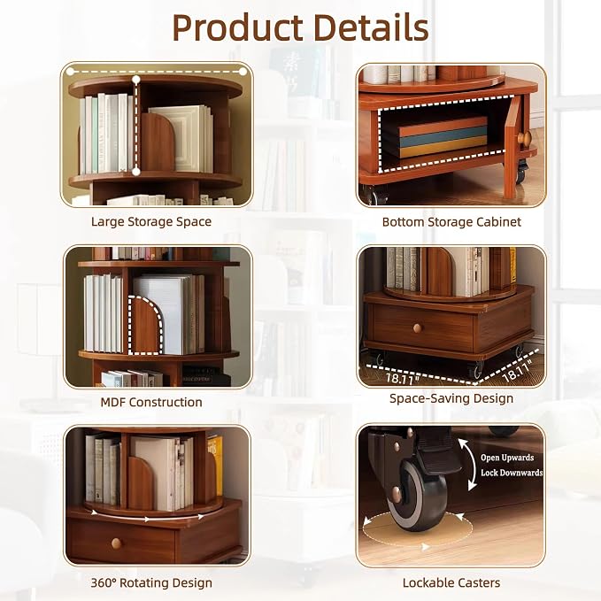 6-Tier Rotating Bookshelf with Storage Cabinet, Walnut Brown | Wood Construction - Image 8