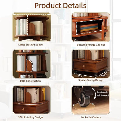 6-Tier Rotating Bookshelf with Storage Cabinet, Walnut Brown | Wood Construction - Image 8