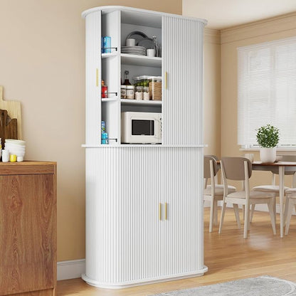 iPormis Kitchen Pantry with Sliding Doors, Tall Modern Curved Pantry Storage - Image 8