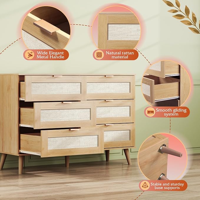 WLIVE Rattan Dresser for Bedroom, 6 Drawer 47.24'' Wide Boho Wood Dresser - Image 6