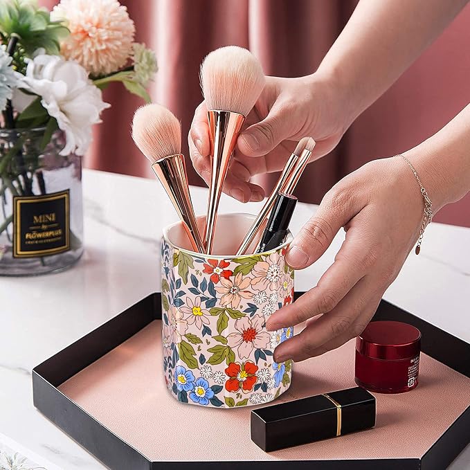 Jwest Pen Holder, Makeup Brush Holder Ceramic Shiny Gold Vintage Floral Flowers - Image 5