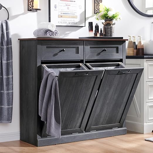 Double Tilt Out Trash Cabinet, 20 Gallon Farmhouse Laundry Hamper Cabinet - Image 6