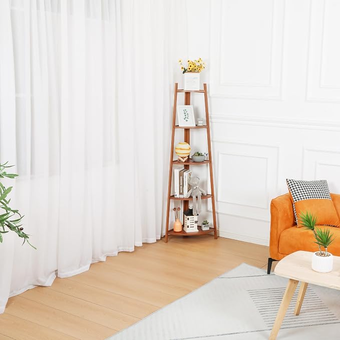 5-Tier Corner Shelf Stand, Tall Wood Shelf, Bookshelf - Image 5