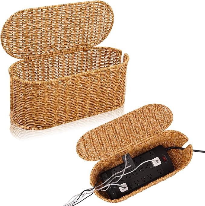 Cable Management Box, Handmade Rattan Cable Organizer, 2 Open Slots Cords Hider by Cantalop