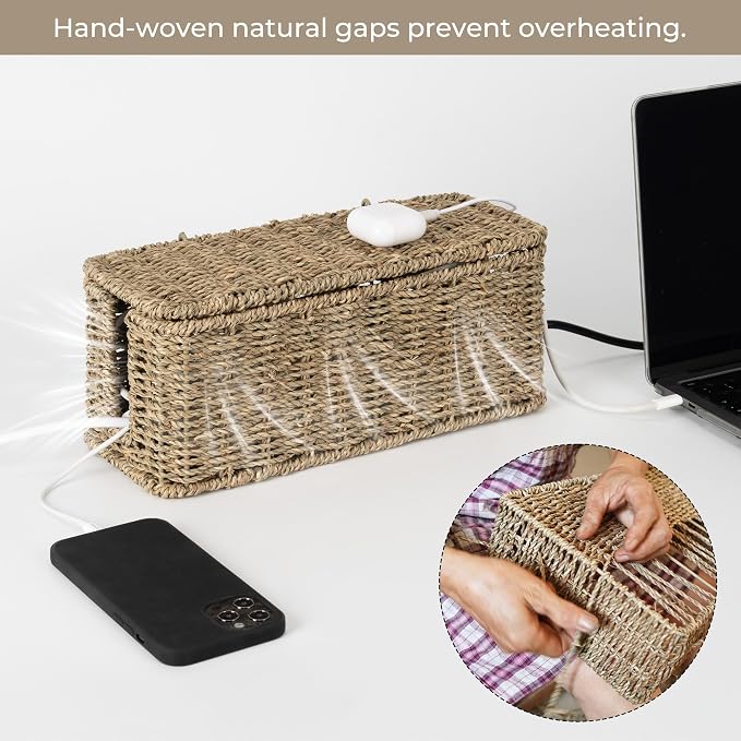 StorageWorks Cable Management Box, 2 Slots Wicker Cable Organizer to Hide Cords - Image 5