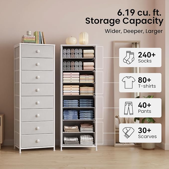 Fabric Dresser for Bedroom, 8 Drawer Tall Vertical Skinny Tower | Wooden Top - Image 4