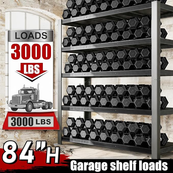 84" H 5-Tier Heavy Duty Storage Shelves, 3000LBS Capacity Adjustable Metal - Image 3