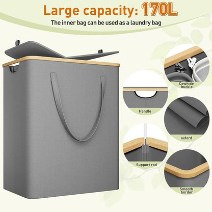170L Laundry Hamper with Lid 3 Section, Extra Large Laundry Basket with 3 - Image 7