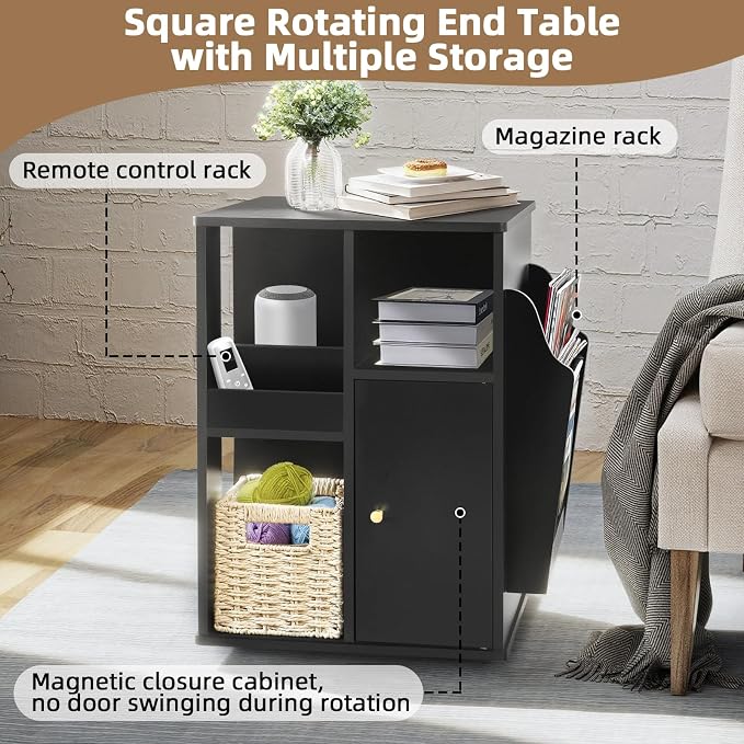 Square Rotating End Table with Storage, Cabinet and Multiple Storage, Swivel - Image 6