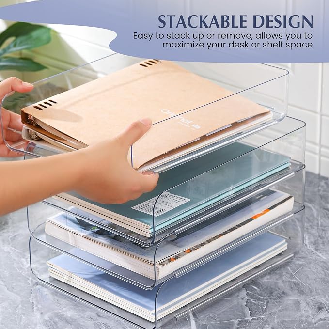 CiWiVOKi 4 Trays Paper Organizer Letter Tray, Acrylic Clear PET Desk File - Image 4