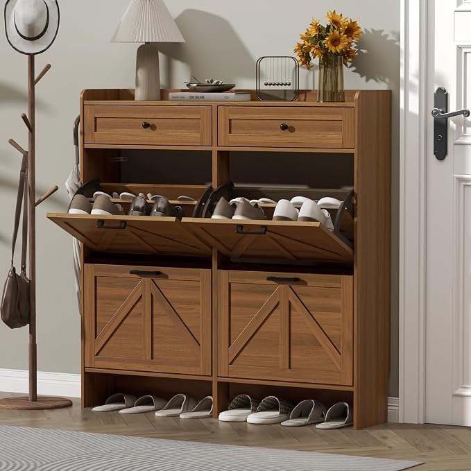 Thacuok Shoe Cabinet with 4 Flip Drawers & 2 Storage Drawers, Rustic Farmhouse - Image 3