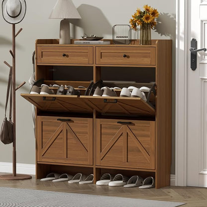 Thacuok Shoe Cabinet with 4 Flip Drawers & 2 Storage Drawers, Rustic Farmhouse - Image 3