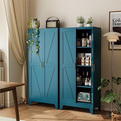 COFaR 61" Metal Pantry Cabinet in Peacock Blue, Farmhouse Storage Cabinet by COFAR