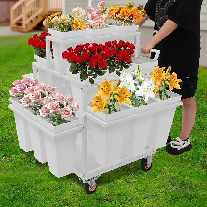 Flower Display Stand Cart With 18 Buckets Plant Rack Storage Organizer with - Image 3