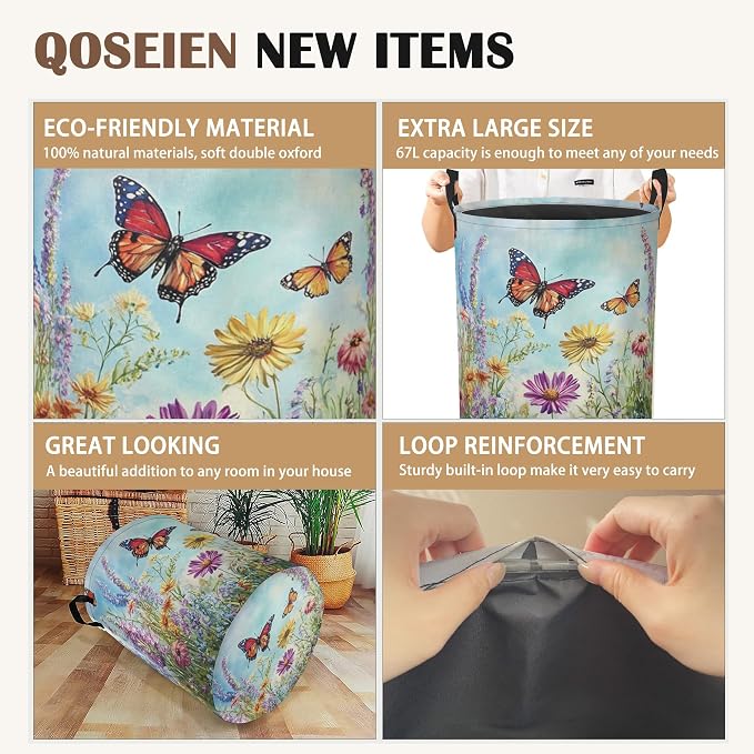 Colorful Butterfly Collapsible Laundry Baskets, Flowers Laundry Hamper - Image 2