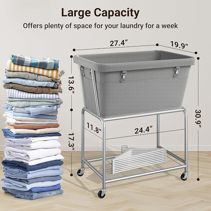 ELYKEN Laundry Cart with Wheels, Rolling Laundry Hamper with Removable Bag and - Image 3