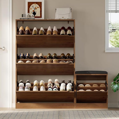 BORNOON Shoe Cabinet with Bench and 3 Flip Drawers, Slim Narrow Shoe Storage - Image 6