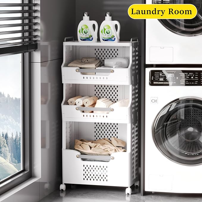 Laundry Basket with Wheels, Folding Laundry Hamper, utility cart, Kitchen - Image 3