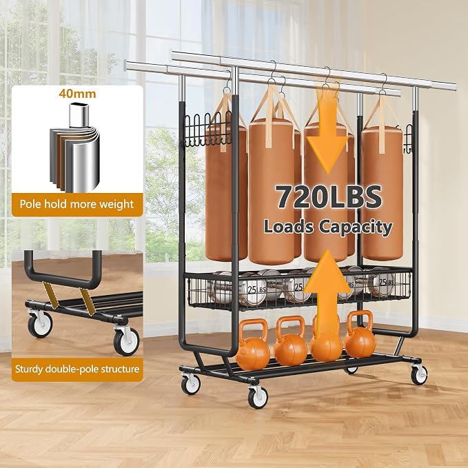 Heavy Duty Clothes Rack with Metal Basket, 720 LBS Rolling Double Rod Garment - Image 2