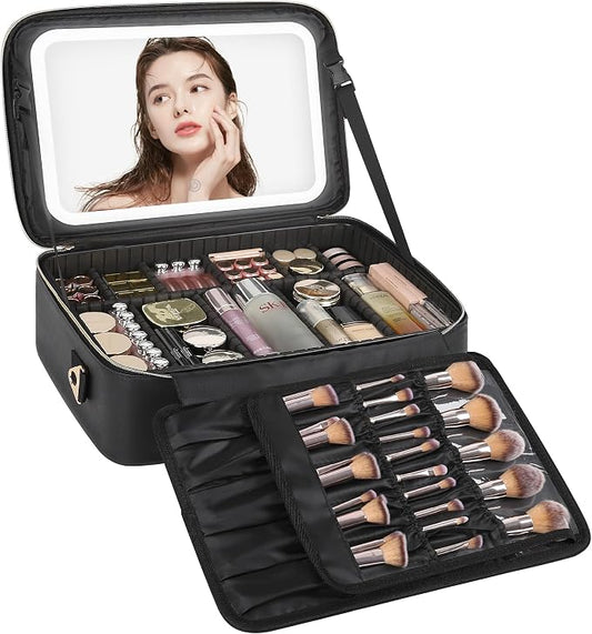Relavel Large Makeup Case With LED Mirror, 16.2" Cosmetic Vanity Case with 3 by Relavel