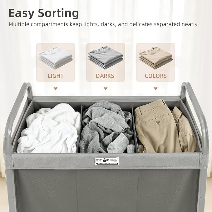 STORAGE MANIAC 3 Section Laundry Sorter, 60 Gal. Laundry Hamper Cart - Image 6