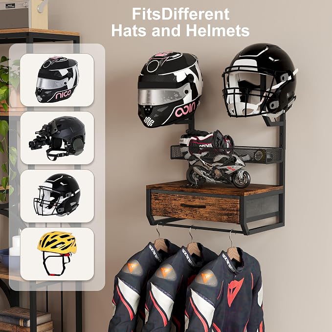 EasyPAG Motorcycle Helmet Holder Wall Mount, 2 Helmet Holder | Drawer and Mesh - Image 4